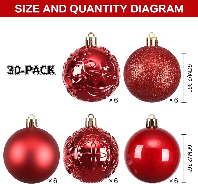 RoseCraft 30PCS Christmas Ball Ornaments, 2.36" Red Shatterproof Ornament Set for Christmas Tree Hanging Decorations, for Home Holiday Xmas Party Decor. - Image 2